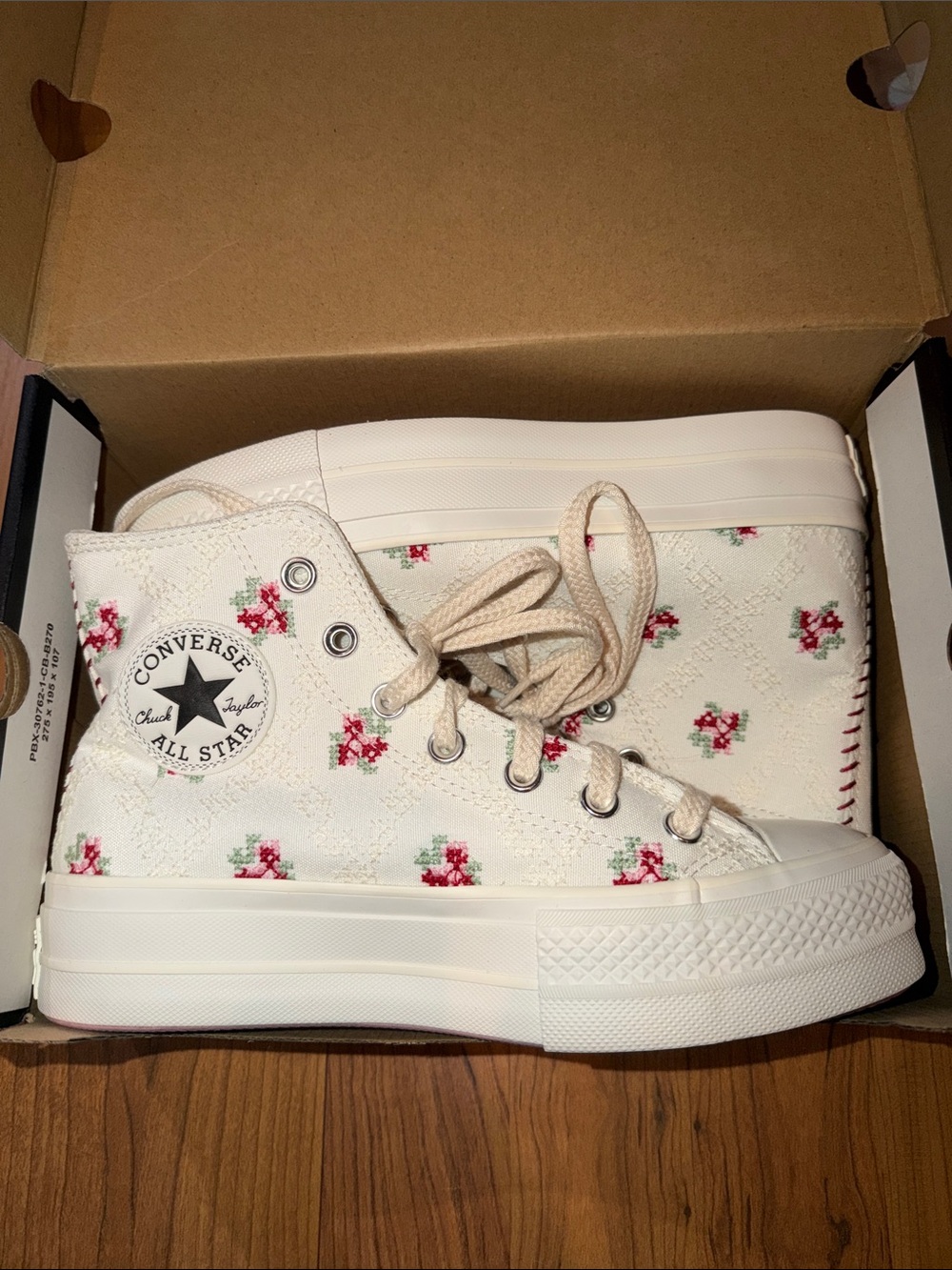 Converse Women's Cream High-Top Sneakers with Pink Floral Embroidery